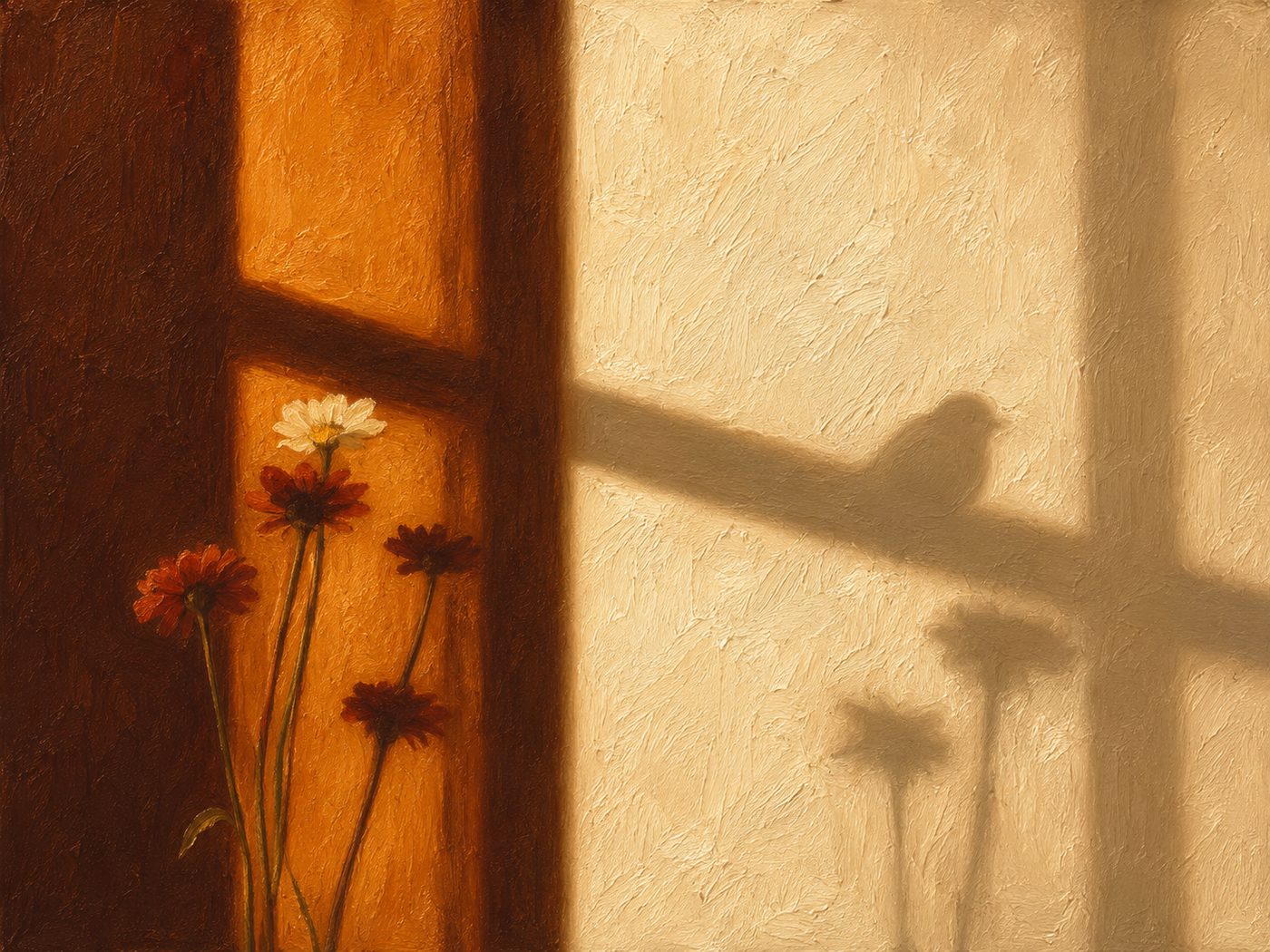 Pintura: flores junto a una ventana al atardecer, con la sombra de un pájaro